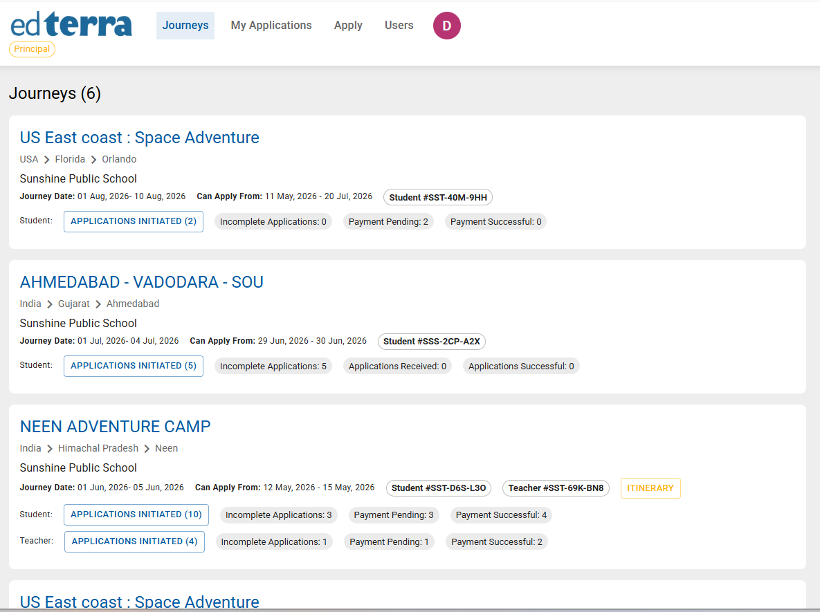 School dashboard with journeys, application counts and payment status
